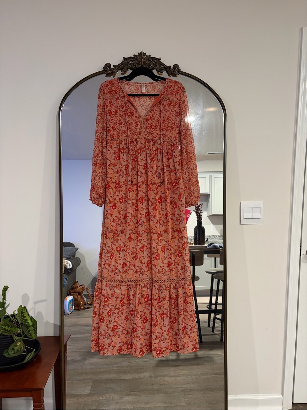 NWT Boho Pink and Red Long Sleeve Floral Maxi Dress Size XS Summer Vacation